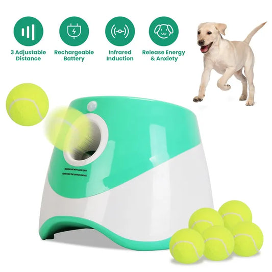 Automatic dog ball launcher with 6 tennis balls - interactive fetch machine for small and medium dogs